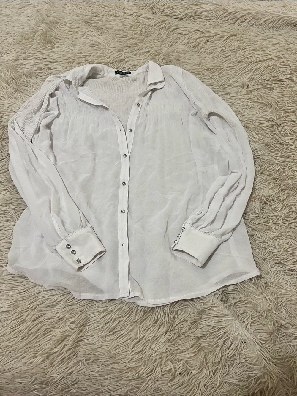 VENUS White Sheer Button-Down Blouse with Multi-Button Cuffs